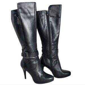 NINE WEST Reindeero Black Leather Strap Heel Zipper Women's Boot Size 6